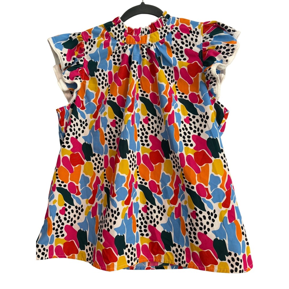 Abstract Multi Color Flutter Sleeve Ruffle Neck Blouse Top Polka Dot Sz Medium